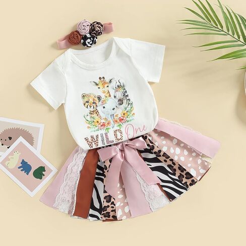 Lamuusaa Toddler Baby Girl Birthday Outfit Wild One Romper Shirts Patchwork Leopard Skirts Headband Summer Clothes in Saudi Arabia