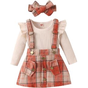 Baby Girls Fall Outfits Long Sleeve Romper Plaid Suspender Skirt Headband Newborn Spring Clothes