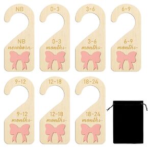 R HORSE Wooden Baby Closet Dividers - 8Pcs Double-Sided 3D Pink Bow Baby Closet Organizer Newborn Clothes Size Hanger Dividers Nursery Decor Baby Shower Birthday Gift for Boy Girl (0-24 Months)