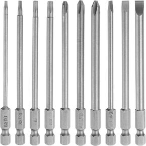 HARFINGTON 10pcs Screwdriver Bit Set SL4/5/6 PH2(4/5.0/6.0) T8/T10/T15/T20 S2 Steel 1/4" Hex Shank 4" Length Magnetic Slotted Phillips Torx Power Drill Bits