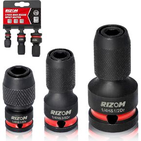 Rizom 3-Piece Quick Release Impact Bit Holders, 1/2 3/8 1/4-Inch Square Drive to 1/4-Inch Hex Shank Converter, Impact Wrench Adapters for Ratchet Wrench Drivers, Impact Wrench