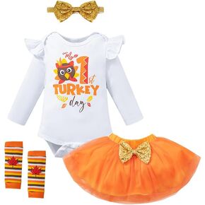Baby Girls First Thanksgiving Day Turkey Outfits Romper+Tutu Skirt+Leg Warmers+Headband Clothes Set
