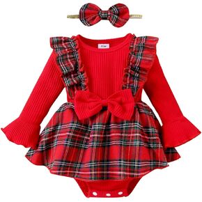 Christmas Baby Girl Plaid Romper Dress Ruffle Long Sleeve Bowknot Skirt Knitted Jumpsuits Bodysuits Outfits