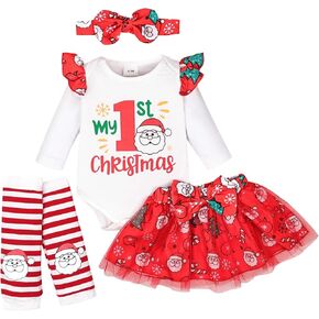 My 1st Christmas Baby Girl Outfit Long Sleeve Ruffled Romper Tutu Skirt Leg Warmers Headband 4 Pcs Set 0-18 Months