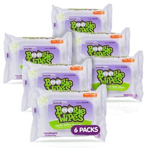 Saline Nose Wipes by Boogie, for Baby & Kids, Face, Hand & Body, FSA/HSA Eligible, Made with Vitamin E, Aloe, and Natural Saline, Lavender Scent, 30 Count (Pack of 6)