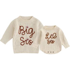 Toddler Baby Girls Knit Sweaters Big Lil Sister Matching Sweater Kids Crewneck Pull-on Oversized Fall Knitwear Tops