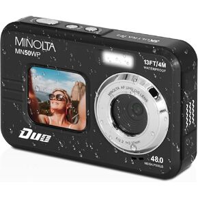 Minolta 48 Mega Pixels Underwater Digital Camera with Autofocus, 5K Video & Dual LCD, Black