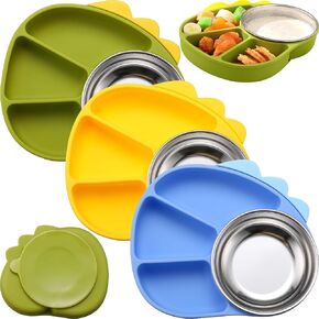 Tioncy 3 Packs Stainless Steel Baby Bowls with Silicone Sleeve Kids Toddler Food Bowls with Suction 4 Compartment Toddler Plates for Food Feeding, Dishwasher Safe