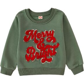 Toddler Baby Girl Boy Merry and Bright Sweatshirt Christmas Chenille Patch Crewneck Shirt Xmas Holiday Pullover Tops