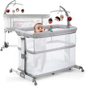 besrey 5 in 1 Baby Bassinet Bedside Sleeper, Playpen with Bassinet & Baby Cradle, Height Adjustable Bedside Crib Bassinet for Newborn Infant, Bassinet for Baby with Mobile Toy Hanger, Mattress