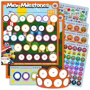Mini Milestones Potty Training Sticker Chart - Teeth Brushing - Sticker Behavior Reward Chart for Toddlers by Lil ADVENTS - Motivation Stickers, Badges, Kids Crown - Set of 2 - Busy Vehicles
