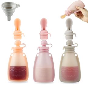 PandaEar 3 Pack Reusable Silicone Baby Food Pouches Squeeze Pouches for Toddler Kids with 3 Silicone Puree Feeder Spoon BPA-Free Silicone Refillable Baby Food Storage 5.5oz(Dark pink/Light Pink/Linen)