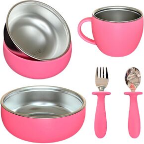 Toddler Dinnerware Set (8 Pieces) - 4 Bowls, 2 Cups, 1 Spoon and 1 Fork | BPA Free, 304 Stainless Steel with Food-Grade Silicone Sleeves | Kids Feeding Set | Toddler Bowl Set