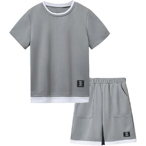 Boy's 2 Piece Summer Outfits Colorblock Letter Short Sleeve Tee Tops and Track Shorts Sets