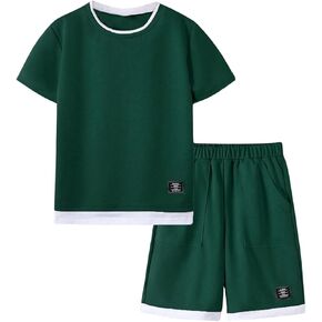 Boy's 2 Piece Summer Outfits Colorblock Letter Short Sleeve Tee Tops and Track Shorts Sets
