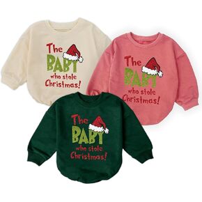 3Pcs The Baby Who Stole Christmas Romper Shirts, Newborn Baby Girl Christmas Outfit