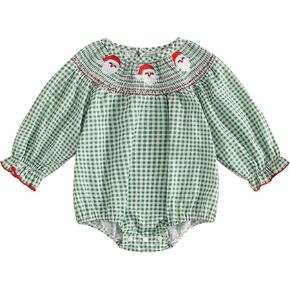 Newborn Baby Girl Smocked Christmas Outfit Plaid Bubble Romper Xmas Tree Embroidery Bodysuit Infant Fall Clothes