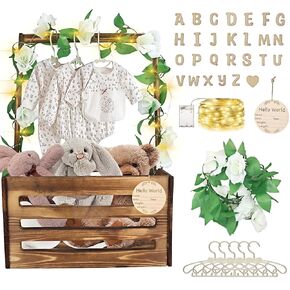 Wooden Baby Shower Crate Closet, Personalized DIY Baby Storage Crate Hamper Set with Baby Announcement Sign Baby Hangers Letter Lights Garland, Welcome Gift Basket for Newborn Boys Girls (Brown)