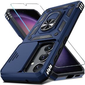Janmitta Compatible with Samsung Galaxy S24 FE Case Built in Slide Camera Lens Cover+Screen Protector+Finger Ring Holder Kickstand,Heavy Duty Shockproof Full Body Phone Cover,2024 Black