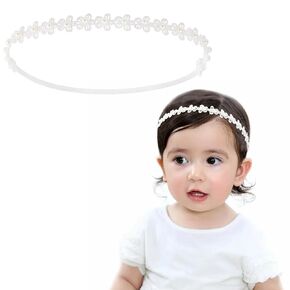 Baptism Headband for Baby Girl, White Lace Baby Headband Baptism Hair Accessories for Baby Girls, White Newborn Bow Flower Christening Headband with Pearl for Baby Girl Toddlers Baptism