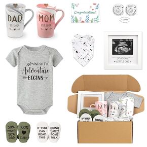 New Parents Gift Set Est 2025 Pregnancy Announcement Gifts for Couples-First Time New Mom Basket for Baby Shower Gender Reveal-Mom & Dad Mugs, Decision Coin, Baby Ultrasound Frame, Onesie, Bib, Socks
