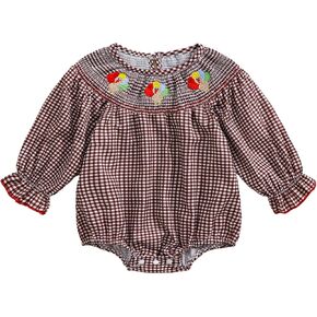 Infant Baby Girl Thanksgiving Romper Plaid Turkey Embroidery Long Puff Sleeve Smocked Romper Cotton Linen Bodysuit
