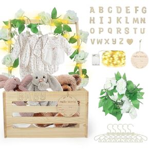 Wooden Baby Shower Crate Closet, Personalized DIY Baby Storage Crate Hamper Set with Baby Announcement Sign Baby Hangers Letter Lights Garland, Welcome Gift Basket for Newborn Boys Girls (Brown)