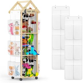 Stuffed Animals Storage Zoo, 2in1 Wooden Stuffed Animal Cage with Storage Bags, Large Soft Toy Organizer with Wheel, Stuffed Animal Tower Holder for Playroom Bedroom Nursery Room Kid Room