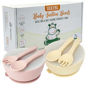 6 Piece Baby Bowls With Suction and Lids | Toddler Bowl Set with 2 Bowls, 2 Baby Spoons, 2 baby Forks, Baby Feeding Essentials (Cream/Rose Quartz)