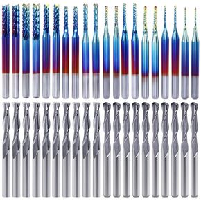1/8" Shank CNC Router Bits 40pcs End Mills CNC Cutter Milling Carving Bit Set Including 2-Flute Flat Nose & Ball Nose, Nano Blue Coat & Titanium Coat CNC Bits