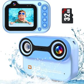 Kids Waterproof Camera, 3M/10FT Underwater Camera for Kids 1080P HD 10X Digital Camera with 2.4" IPS Screen, Children Action Camera for Boys Girls with 32GB Card, Pool Toys for Kids- Blue
