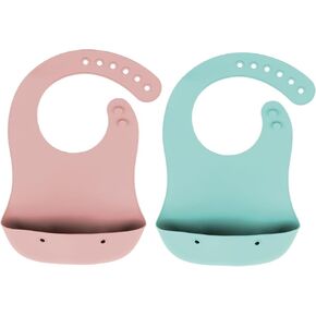 Bazzle Baby Silicone Bibs with Food Catcher - Rolls Up and Button closed for easy travel and storage Waterproof 2-Pk