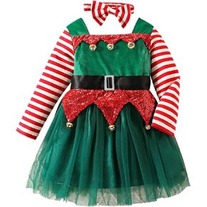Toddler Little Girl Christmas Outfits Striped Long Sleeve Velvet Dress Jingle Bells Tulle Mesh Dress with Headband