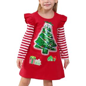 Toddler Baby Girl Christmas Dress Sequin Color-Changing Xmas Tree A-line Dresses Striped Ruffle Long Sleeve Outfits
