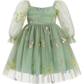 FYMNSI Kids Girls Flower Girl Dress Sheer Mesh Long Sleeve Ruffle Tulle Tutu Dress Toddler Baby Wedding Birthday Xmas Dresses