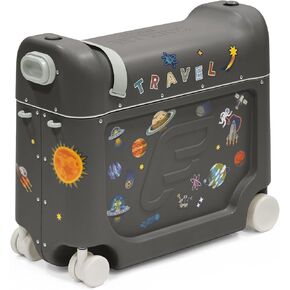 Stokke JetKids BedBox, Midnight Grey - Ride-On Suitcase for Kids 2-7 Years Old (up to 77 lbs) - Transforms Into Bed - Includes Mattress, Decorative Stickers & Adjustable Carrying Strap