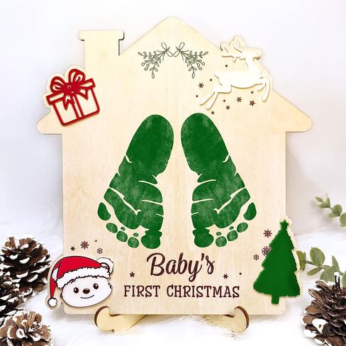 Baby's First Christmas DIY Footprint Sign, Baby's First Christmas Handprint Sign, Wooden Stand Included, Baby First Holiday Milestone Signs, Baby Christmas Craft, Christmas Keepsake For New Baby in Saudi Arabia