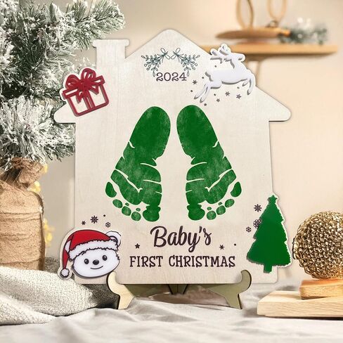 Baby's First Christmas DIY Footprint Sign, Baby's First Christmas Handprint Sign, Wooden Stand Included, Baby First Holiday Milestone Signs, Baby Christmas Craft, Christmas Keepsake For New Baby in Saudi Arabia