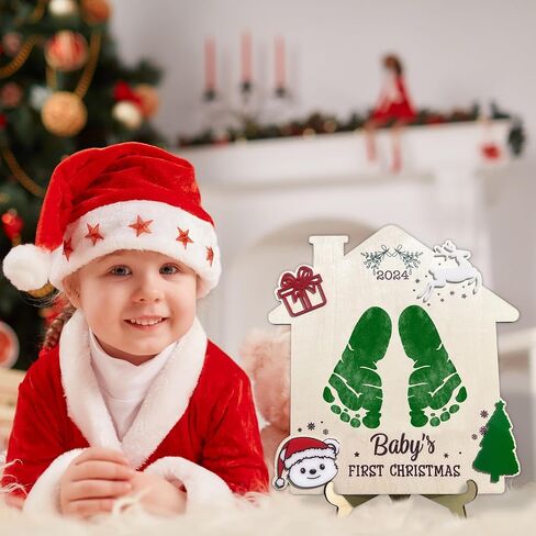 Baby's First Christmas DIY Footprint Sign, Baby's First Christmas Handprint Sign, Wooden Stand Included, Baby First Holiday Milestone Signs, Baby Christmas Craft, Christmas Keepsake For New Baby in Saudi Arabia