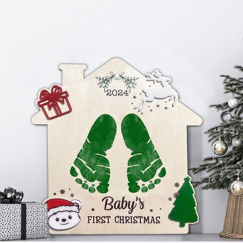 Baby's First Christmas DIY Footprint Sign, Baby's First Christmas Handprint Sign, Wooden Stand Included, Baby First Holiday Milestone Signs, Baby Christmas Craft, Christmas Keepsake For New Baby in Saudi Arabia