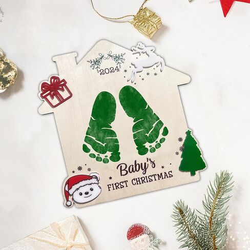 Baby's First Christmas DIY Footprint Sign, Baby's First Christmas Handprint Sign, Wooden Stand Included, Baby First Holiday Milestone Signs, Baby Christmas Craft, Christmas Keepsake For New Baby in Saudi Arabia