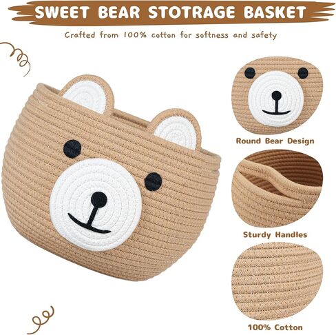 سلة الدب اللطيفة من ZLG - وحدة تخزين منسوجة من الحبال القطنية البنية، مقاس 10.5 بوصة عمق × 8.5 بوصة ارتفاع، متعددة الاستخدامات لاستحمام الطفل، أو غرفة الأطفال، أو غرفة المعيشة، أو النباتات الداخلية in Kuwait
