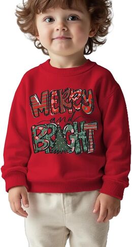 Kid Christmas Sweatshirt Toddler Baby Girl Boy Funny Merry and Bright Xmas Tree Print Pullover Long Sleeve Shirt in Saudi Arabia