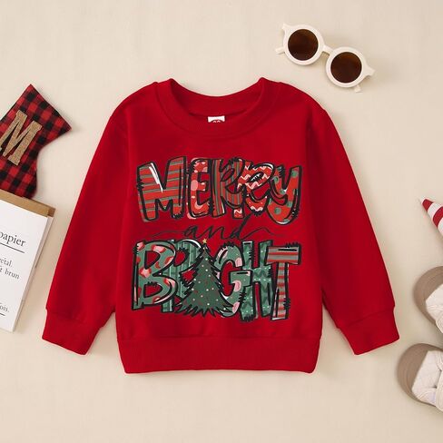 Kid Christmas Sweatshirt Toddler Baby Girl Boy Funny Merry and Bright Xmas Tree Print Pullover Long Sleeve Shirt in Saudi Arabia