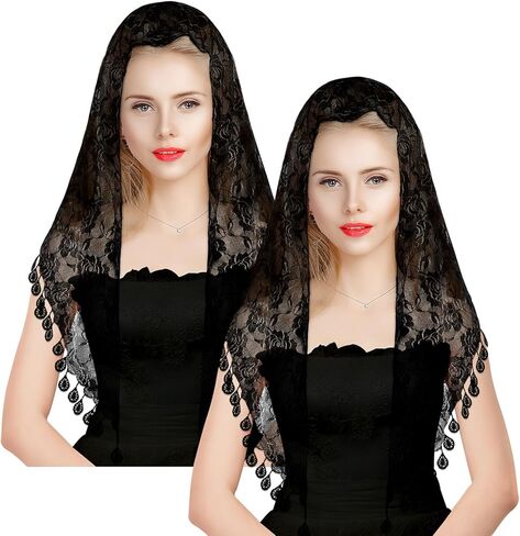 2 Pcs Mass Veil Triangle Mantilla Cathedral Head Covering Chapel Veil Lace Shawl Latin Scarf Latin Mass Head Covering Veils for Bridal Women in Saudi Arabia