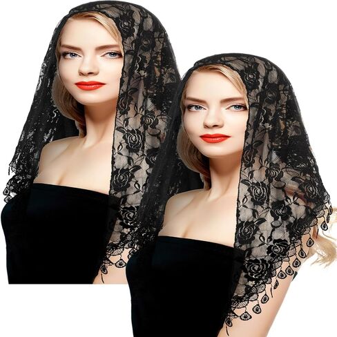 2 Pcs Mass Veil Triangle Mantilla Cathedral Head Covering Chapel Veil Lace Shawl Latin Scarf Latin Mass Head Covering Veils for Bridal Women in Saudi Arabia