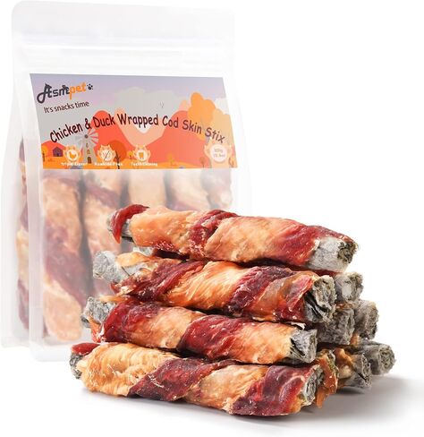 ASMPET Chicken Wrapped Cod Fish Skin Knotted Bones 6.5" Each, Rawhide Free Chewy Dog Treats Rich in Omega3 High Protein All Natural Ingredient Fish Treats for Medium Large Dogs, 11OZ in Saudi Arabia