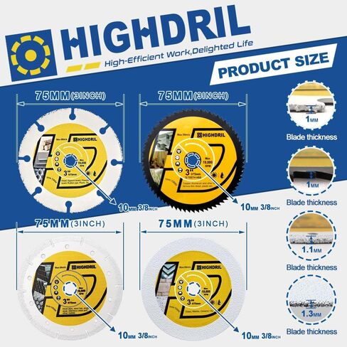 مجموعة شفرات المنشار الدائرية HIGHDRIL 3 بوصة 75 مم 4 قطع - قرص قطع الماس/HSS/كربيد لقطع طاحونة الزوايا المعدنية والنحاس والألومنيوم والبلاستيك والخشب والزجاج in Kuwait
