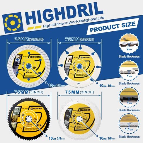 مجموعة شفرات المنشار الدائرية HIGHDRIL 3 بوصة 75 مم 4 قطع - قرص قطع الماس/HSS/كربيد لقطع طاحونة الزوايا المعدنية والنحاس والألومنيوم والبلاستيك والخشب والزجاج in Kuwait