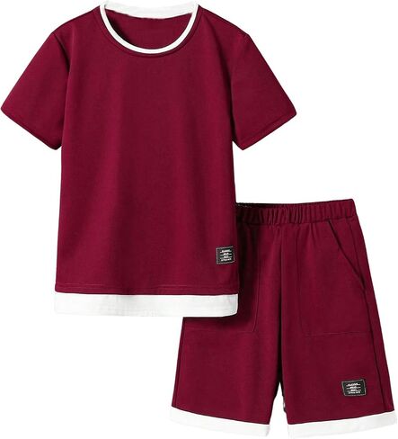Boy's 2 Piece Summer Outfits Colorblock Letter Short Sleeve Tee Tops and Track Shorts Sets in Saudi Arabia